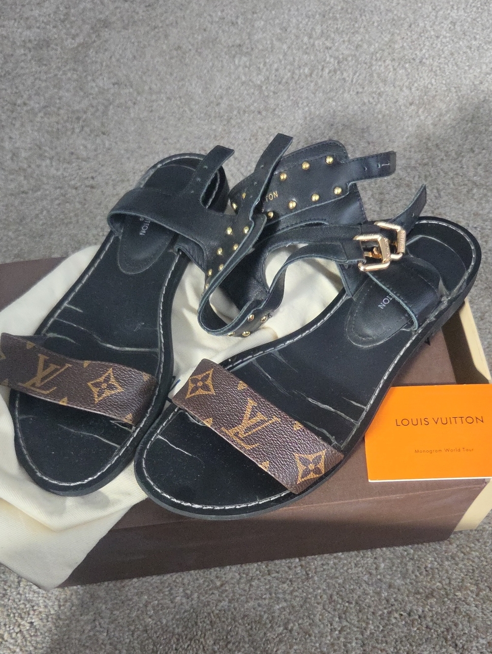 Louis Vuitton Black Leather Sandals with Monogram Brown Strap